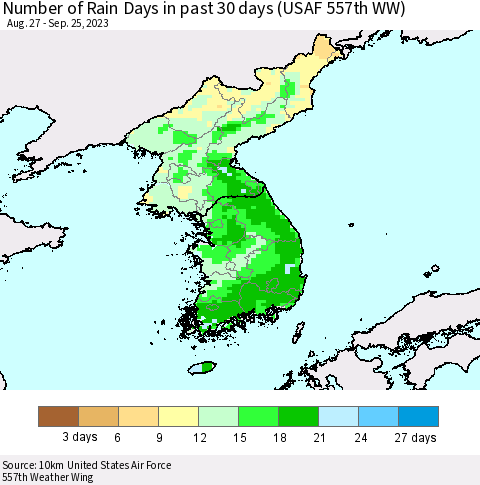 Korea Number of Rain Days in past 30 days (USAF 557th WW) 09/25/2023 Thematic Map For 9/21/2023 - 9/25/2023