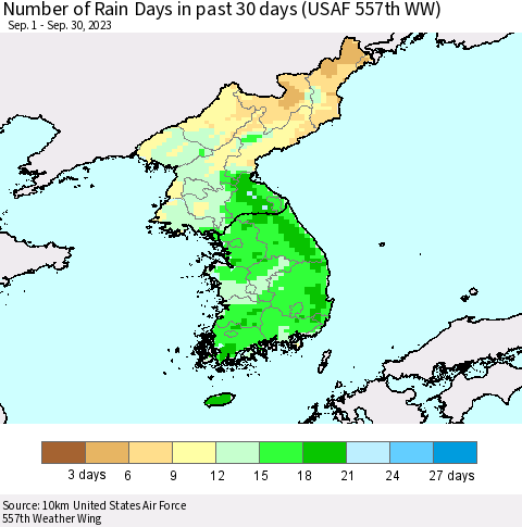Korea Number of Rain Days in past 30 days (USAF 557th WW) 09/30/2023 Thematic Map For 9/26/2023 - 9/30/2023