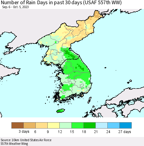 Korea Number of Rain Days in past 30 days (USAF 557th WW) 10/05/2023 Thematic Map For 10/1/2023 - 10/5/2023