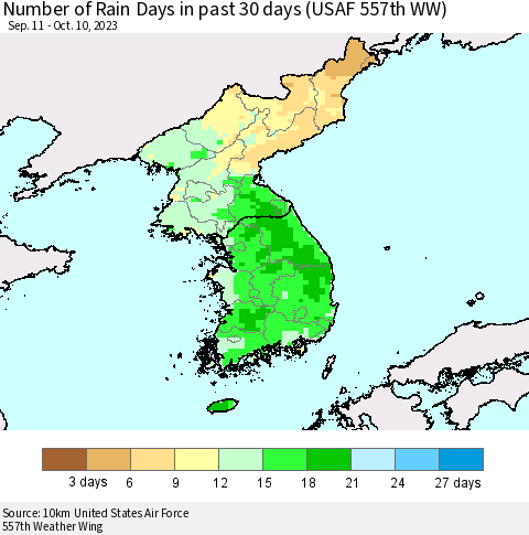 Korea Number of Rain Days in past 30 days (USAF 557th WW) 10/10/2023 Thematic Map For 10/6/2023 - 10/10/2023