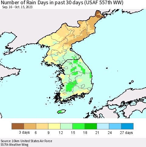 Korea Number of Rain Days in past 30 days (USAF 557th WW) 10/15/2023 Thematic Map For 10/11/2023 - 10/15/2023