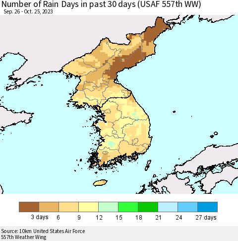 Korea Number of Rain Days in past 30 days (USAF 557th WW) 10/25/2023 Thematic Map For 10/21/2023 - 10/25/2023