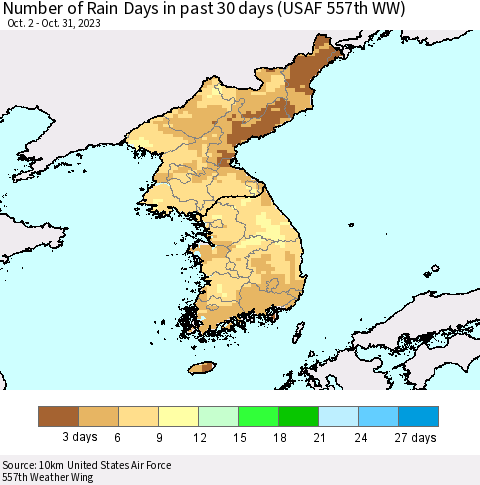 Korea Number of Rain Days in past 30 days (USAF 557th WW) 10/31/2023 Thematic Map For 10/26/2023 - 10/31/2023