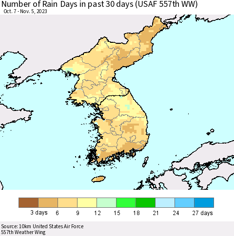 Korea Number of Rain Days in past 30 days (USAF 557th WW) 11/05/2023 Thematic Map For 11/1/2023 - 11/5/2023