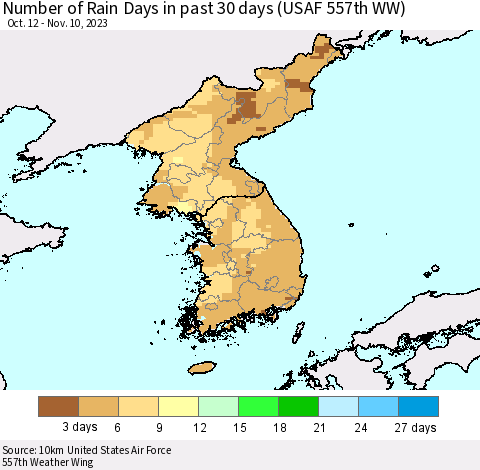 Korea Number of Rain Days in past 30 days (USAF 557th WW) 11/10/2023 Thematic Map For 11/6/2023 - 11/10/2023