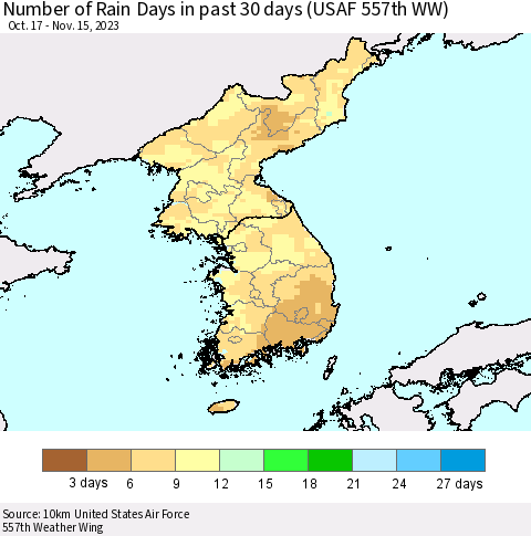 Korea Number of Rain Days in past 30 days (USAF 557th WW) 11/15/2023 Thematic Map For 11/11/2023 - 11/15/2023