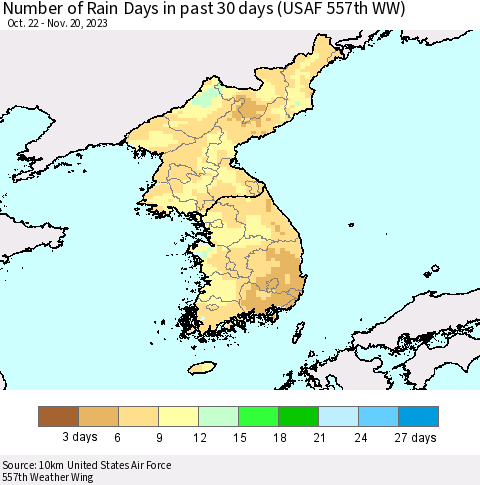 Korea Number of Rain Days in past 30 days (USAF 557th WW) 11/20/2023 Thematic Map For 11/16/2023 - 11/20/2023