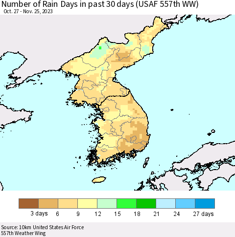 Korea Number of Rain Days in past 30 days (USAF 557th WW) 11/25/2023 Thematic Map For 11/21/2023 - 11/25/2023
