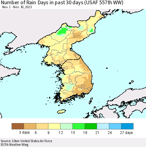 Korea Number of Rain Days in past 30 days (USAF 557th WW) 11/30/2023 Thematic Map For 11/26/2023 - 11/30/2023