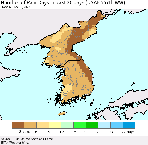 Korea Number of Rain Days in past 30 days (USAF 557th WW) 12/05/2023 Thematic Map For 12/1/2023 - 12/5/2023