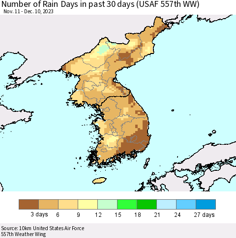 Korea Number of Rain Days in past 30 days (USAF 557th WW) 12/10/2023 Thematic Map For 12/6/2023 - 12/10/2023