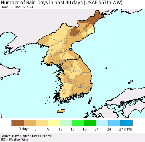 Korea Number of Rain Days in past 30 days (USAF 557th WW) 12/15/2023 Thematic Map For 12/11/2023 - 12/15/2023