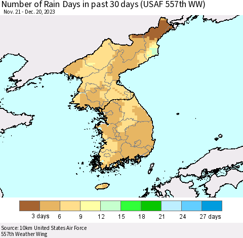 Korea Number of Rain Days in past 30 days (USAF 557th WW) 12/20/2023 Thematic Map For 12/16/2023 - 12/20/2023
