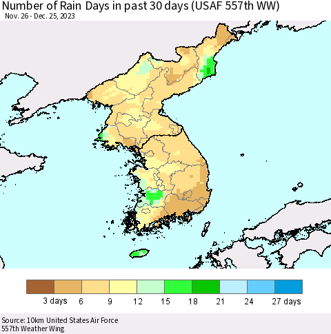 Korea Number of Rain Days in past 30 days (USAF 557th WW) 12/25/2023 Thematic Map For 12/21/2023 - 12/25/2023