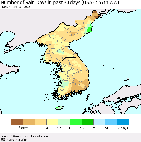 Korea Number of Rain Days in past 30 days (USAF 557th WW) 12/31/2023 Thematic Map For 12/26/2023 - 12/31/2023