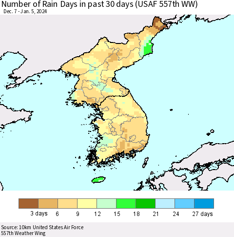 Korea Number of Rain Days in past 30 days (USAF 557th WW) 01/05/2024 Thematic Map For 1/1/2024 - 1/5/2024