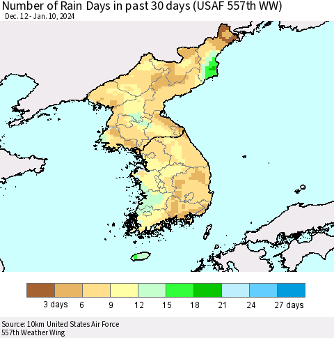 Korea Number of Rain Days in past 30 days (USAF 557th WW) 01/10/2024 Thematic Map For 1/6/2024 - 1/10/2024