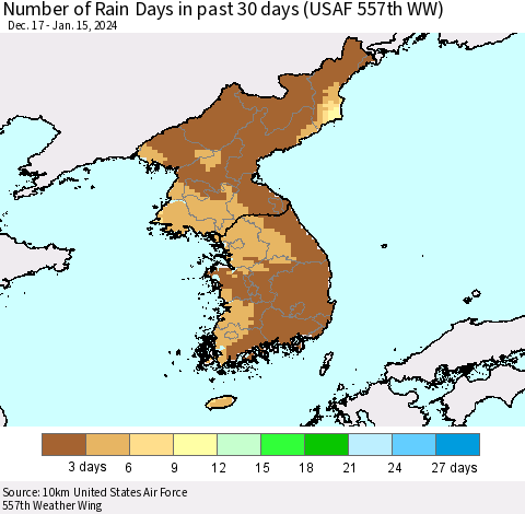Korea Number of Rain Days in past 30 days (USAF 557th WW) 01/15/2024 Thematic Map For 1/11/2024 - 1/15/2024