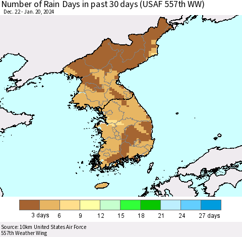Korea Number of Rain Days in past 30 days (USAF 557th WW) 01/20/2024 Thematic Map For 1/16/2024 - 1/20/2024