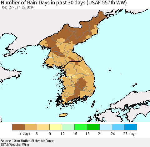 Korea Number of Rain Days in past 30 days (USAF 557th WW) 01/25/2024 Thematic Map For 1/21/2024 - 1/25/2024