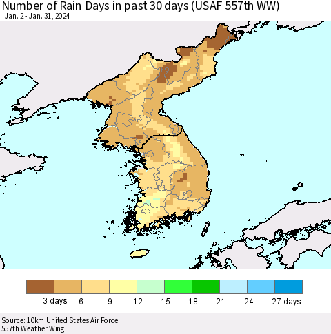 Korea Number of Rain Days in past 30 days (USAF 557th WW) 01/31/2024 Thematic Map For 1/26/2024 - 1/31/2024