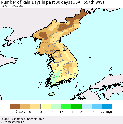 Korea Number of Rain Days in past 30 days (USAF 557th WW) 02/05/2024 Thematic Map For 2/1/2024 - 2/5/2024