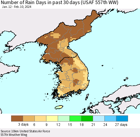 Korea Number of Rain Days in past 30 days (USAF 557th WW) 02/10/2024 Thematic Map For 2/6/2024 - 2/10/2024