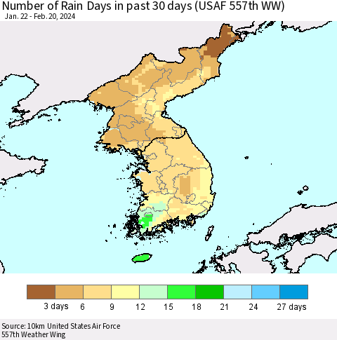 Korea Number of Rain Days in past 30 days (USAF 557th WW) 02/20/2024 Thematic Map For 2/16/2024 - 2/20/2024