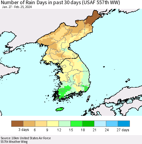 Korea Number of Rain Days in past 30 days (USAF 557th WW) 02/25/2024 Thematic Map For 2/21/2024 - 2/25/2024