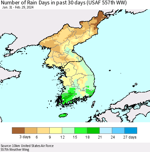 Korea Number of Rain Days in past 30 days (USAF 557th WW) 02/29/2024 Thematic Map For 2/26/2024 - 2/29/2024