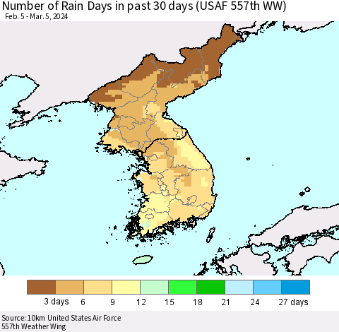 Korea Number of Rain Days in past 30 days (USAF 557th WW) 03/05/2024 Thematic Map For 3/1/2024 - 3/5/2024