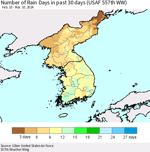Korea Number of Rain Days in past 30 days (USAF 557th WW) 03/10/2024 Thematic Map For 3/6/2024 - 3/10/2024