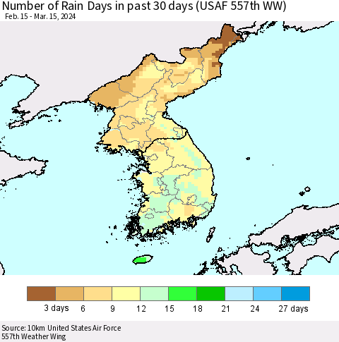 Korea Number of Rain Days in past 30 days (USAF 557th WW) 03/15/2024 Thematic Map For 3/11/2024 - 3/15/2024