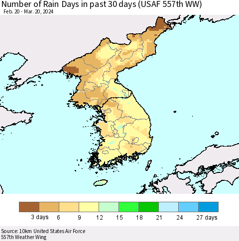 Korea Number of Rain Days in past 30 days (USAF 557th WW) 03/20/2024 Thematic Map For 3/16/2024 - 3/20/2024