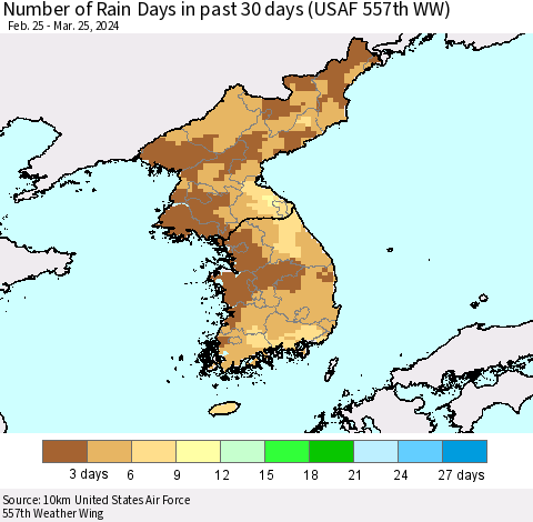 Korea Number of Rain Days in past 30 days (USAF 557th WW) 03/25/2024 Thematic Map For 3/21/2024 - 3/25/2024