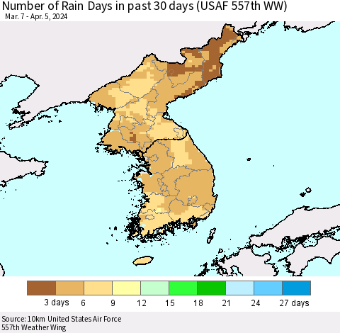 Korea Number of Rain Days in past 30 days (USAF 557th WW) 04/05/2024 Thematic Map For 4/1/2024 - 4/5/2024