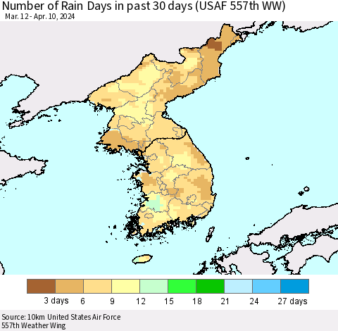 Korea Number of Rain Days in past 30 days (USAF 557th WW) 04/10/2024 Thematic Map For 4/6/2024 - 4/10/2024