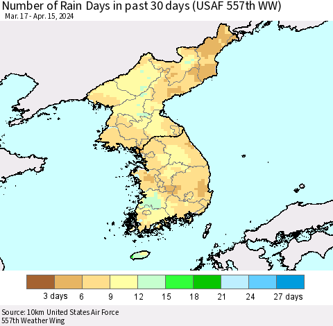 Korea Number of Rain Days in past 30 days (USAF 557th WW) 04/15/2024 Thematic Map For 4/11/2024 - 4/15/2024