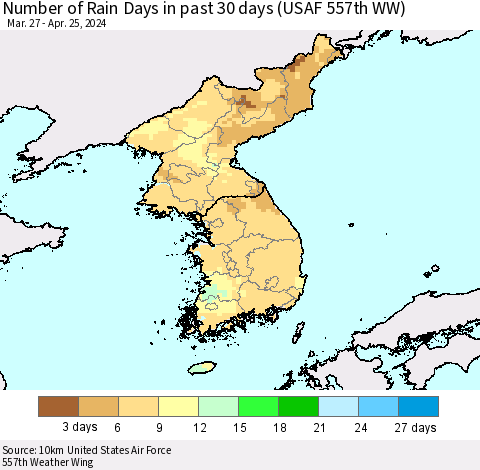 Korea Number of Rain Days in past 30 days (USAF 557th WW) 04/25/2024 Thematic Map For 4/21/2024 - 4/25/2024