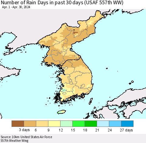 Korea Number of Rain Days in past 30 days (USAF 557th WW) 04/30/2024 Thematic Map For 4/26/2024 - 4/30/2024