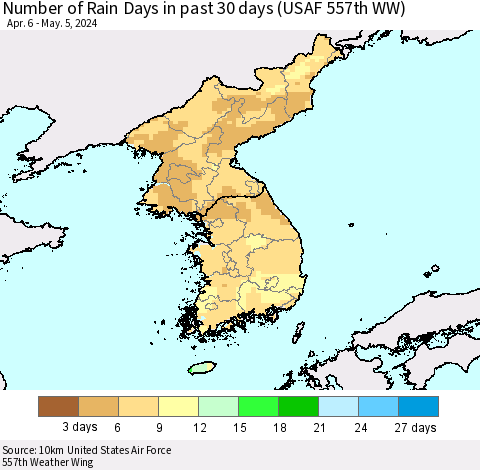 Korea Number of Rain Days in past 30 days (USAF 557th WW) 05/05/2024 Thematic Map For 5/1/2024 - 5/5/2024
