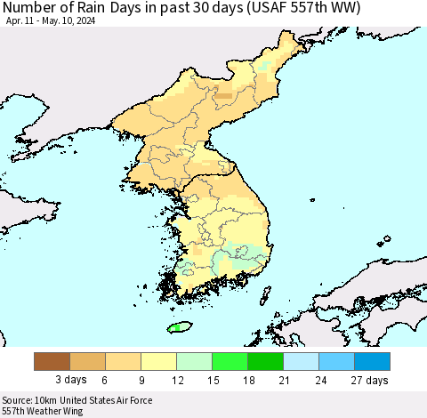 Korea Number of Rain Days in past 30 days (USAF 557th WW) 05/10/2024 Thematic Map For 5/6/2024 - 5/10/2024