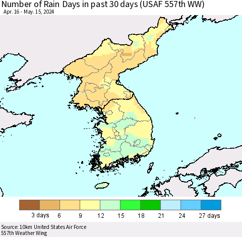 Korea Number of Rain Days in past 30 days (USAF 557th WW) 05/15/2024 Thematic Map For 5/11/2024 - 5/15/2024