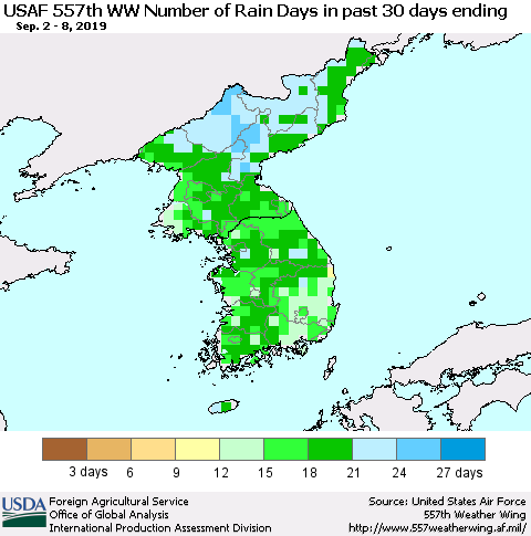 Korea Number of Rain Days in past 30 days (USAF 557th WW) 09/08/2019 Thematic Map For 9/2/2019 - 9/8/2019
