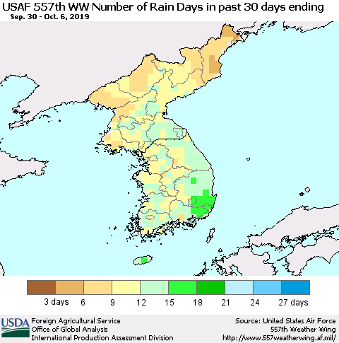 Korea Number of Rain Days in past 30 days (USAF 557th WW) 10/06/2019 Thematic Map For 9/30/2019 - 10/6/2019