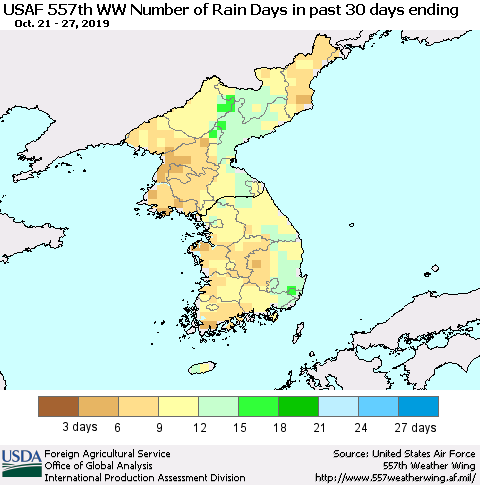 Korea Number of Rain Days in past 30 days (USAF 557th WW) 10/27/2019 Thematic Map For 10/21/2019 - 10/27/2019
