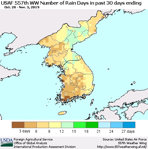 Korea Number of Rain Days in past 30 days (USAF 557th WW) 11/03/2019 Thematic Map For 10/28/2019 - 11/3/2019
