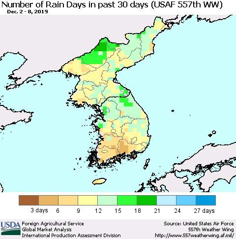 Korea Number of Rain Days in past 30 days (USAF 557th WW) 12/08/2019 Thematic Map For 12/2/2019 - 12/8/2019