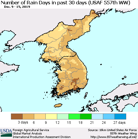 Korea Number of Rain Days in past 30 days (USAF 557th WW) 12/15/2019 Thematic Map For 12/9/2019 - 12/15/2019