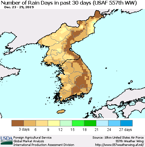 Korea Number of Rain Days in past 30 days (USAF 557th WW) 12/29/2019 Thematic Map For 12/23/2019 - 12/29/2019
